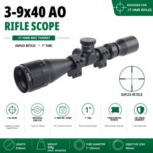 GunTuff 3-9x40 AO Rifle Scope .17 HMR BDC Turrets Adjustable Objective 11mm Mounts