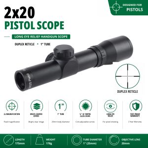 GunTuff 2x20 Pistol Scope 1" Tube Duplex Reticle Handgun Scope Long Eye Relief