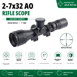 GunTuff 2-7x32 AO Rifle Scope .22LR BDC Turret Adjustable Objective 11mm Mounts