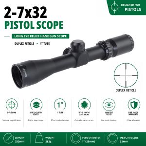GunTuff 2-7x32 Pistol Scope 1" Tube Duplex Reticle Long Eye Relief Handgun Scope