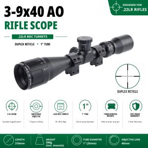 GunTuff 3-9x40 AO Rifle Scope .22LR BDC Turret Adjustable Objective 11mm Mounts
