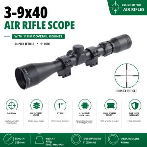 GunTuff 3-9x40 Air Rifle Scope 11mm Dovetail Mounts Duplex Reticle 1" Tube